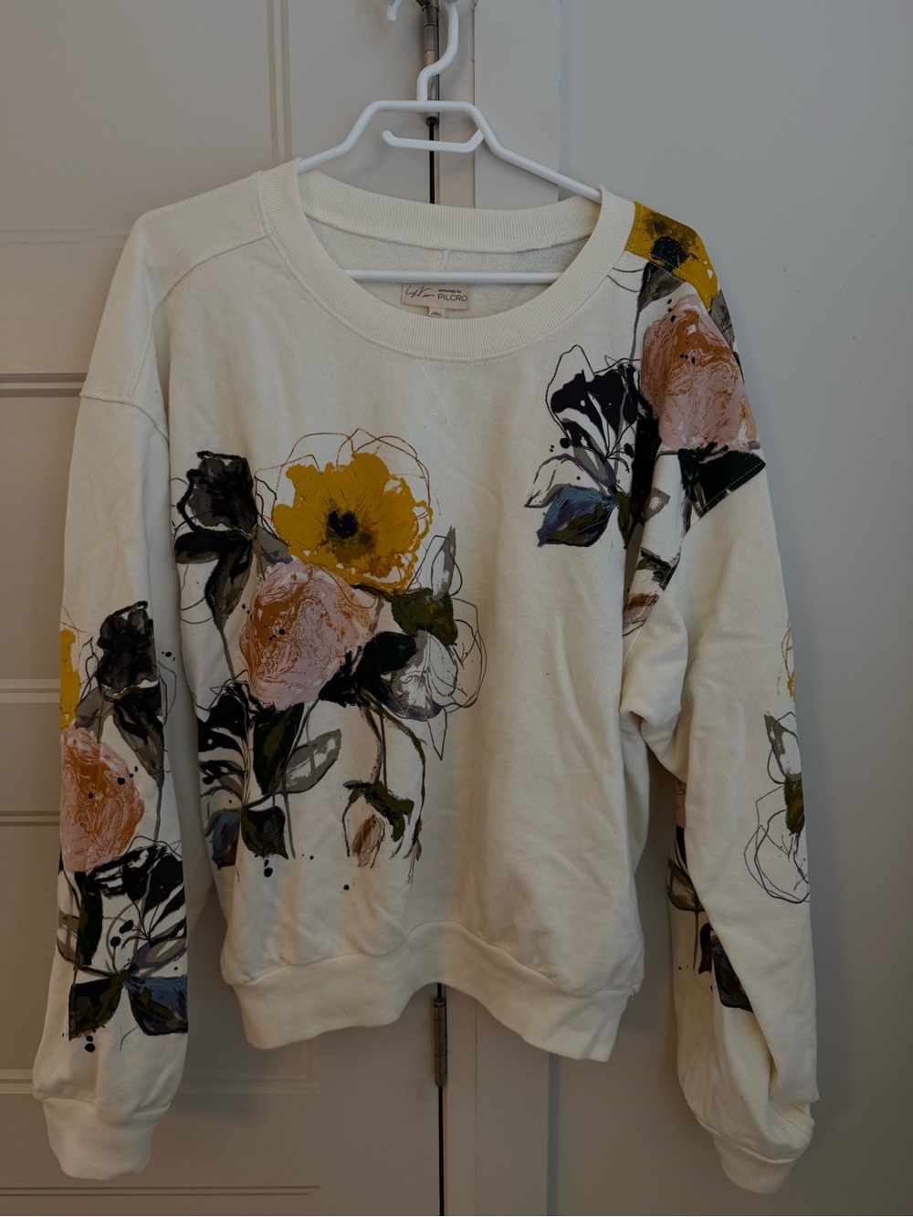 Floral Print Crewneck Sweater - Cream with Yellow & Pink Flowers